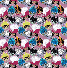 Load image into Gallery viewer, Disney Villains Kawaii Collection - Cute Villain Faces - Purple Fabric - 1/2 Meter - Cotton Fabric