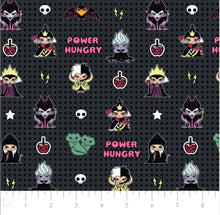 Load image into Gallery viewer, Disney Villains Kawaii Collection - Power Hungry - Charcoal Fabric - 1/2 Meter - Cotton Fabric