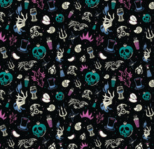 Load image into Gallery viewer, Disney Villains Mayhem Collection - Villain Iconography - Black Teal Fabric - 1/2 Meter - Cotton Fabric