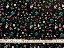 Load image into Gallery viewer, Disney Villains Mayhem Collection - Villain Iconography - Black Teal Fabric - 1/2 Meter - Cotton Fabric