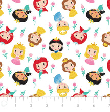 Load image into Gallery viewer, Disney Princess Kawaii - Cute Princess Floral - White Fabric - 1/2 Meter - Cotton Fabric
