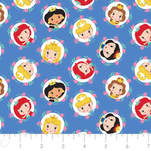 Load image into Gallery viewer, Disney Princess Kawaii - Cute Princess Frames - Blue Fabric - 1/2 Meter - Cotton Fabric