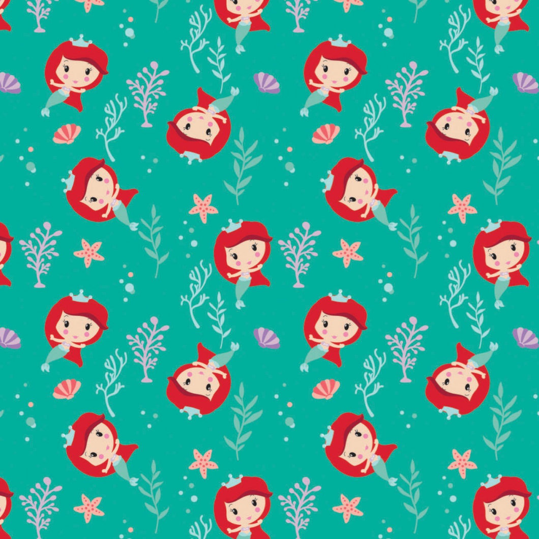 Disney Princess Kawaii - Cute Ariel - Aqua Fabric - 1/2 Meter - Cotton Fabric