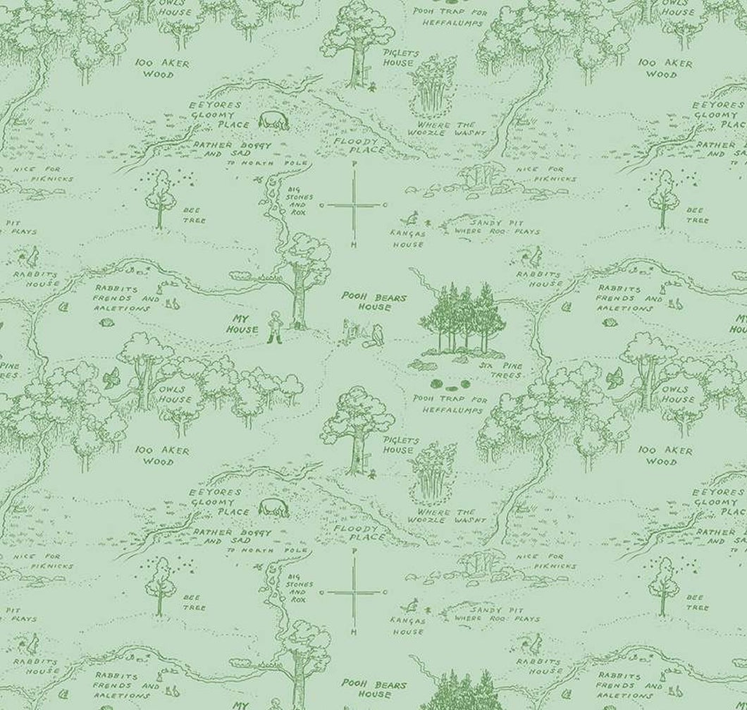 Winnie The Pooh Map C1700 - Green Fabric - 1/2 Meter - Cotton Fabric