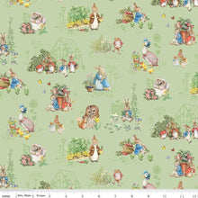 Charger l&#39;image dans la galerie, Peter Rabbit and Friends Characters - Green Fabric - 1/2 Meter - Cotton Fabric
