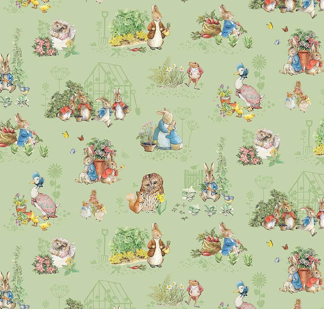 Peter Rabbit and Friends Characters - Green Fabric - 1/2 Meter - Cotton Fabric